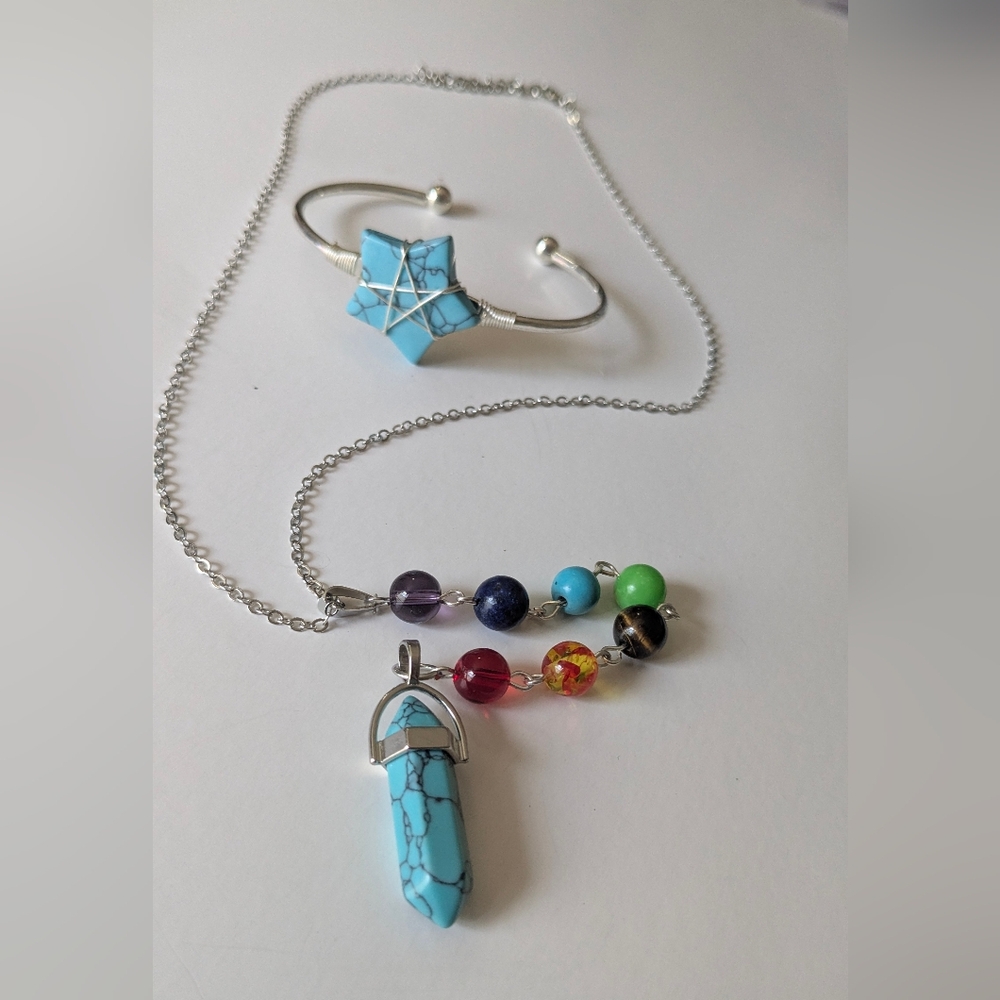 Ladies Turquoise Style Chakra Necklace & Cuff Bracelet Set